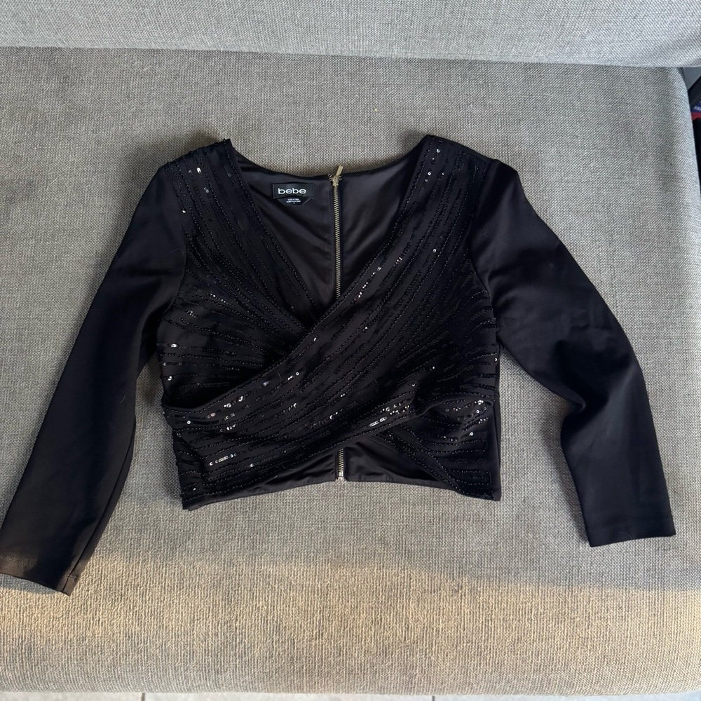Bebe Black Sequin Long Sleeve Wrap Crop Top - size S